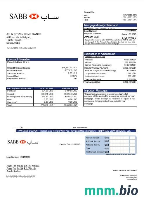 Arabia Saudyjska SABB Bank wyciąg z kredytu hipotecznego w formatach Word i PDF